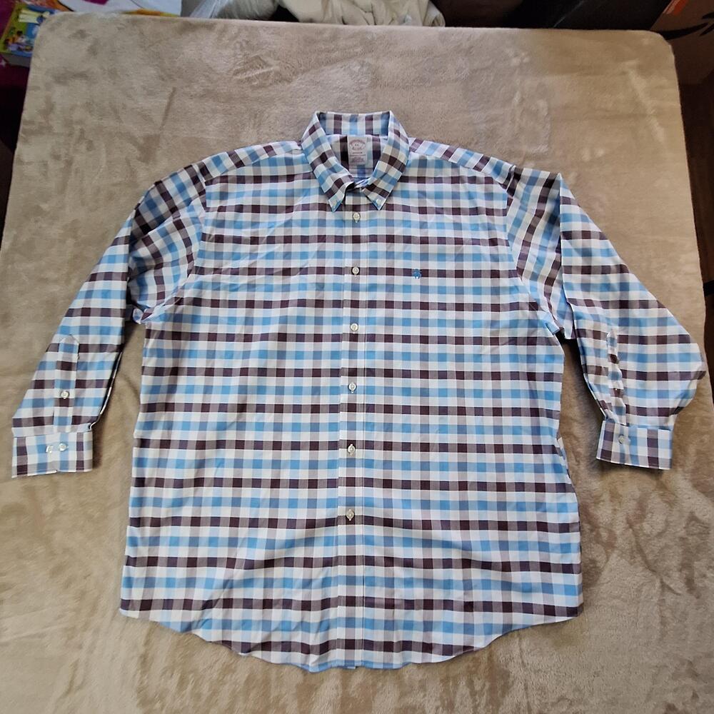 Brooks Brothers Dress Shirt Mens 2XL Blue Check Non Iron Button Down Cotton